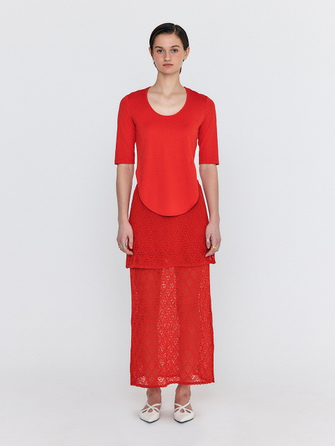 스커트 - 잉크 (EENK) - WIONY Diamond-Lace Layered Knit Skirt - Red