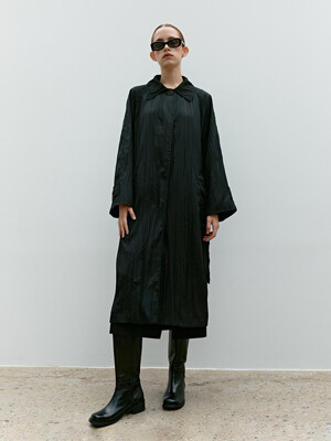 TWF WRINKLE SINGLE TRENCH COAT  BLACK