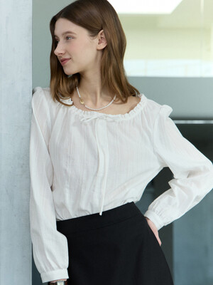 Ribbon Frill Shirring Blouse - White