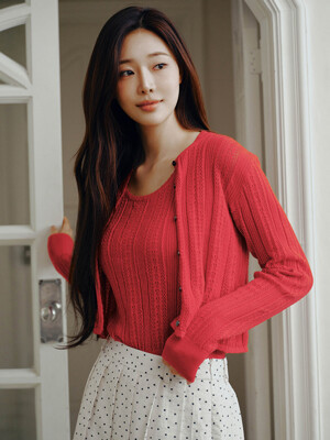 [SET]비벌리 크로쉐 니트 가디건+빌라노 크로쉐 슬리브리스 니트 (Ivory/Red)