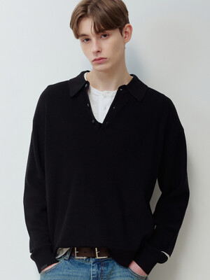 ESSENTIAL COLLAR BUTTON KNIT BK