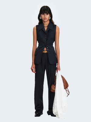 TAILORED-COLLAR VEST TOP WITH BELT - DEEP CHARCOAL