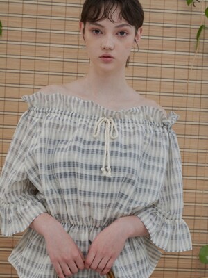 MH6 CEHCK OFFSHOULDER BLOUSE_GY