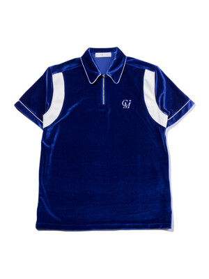 UNISEX  Leather-Trimmed Velour Zip Polo (Blue)