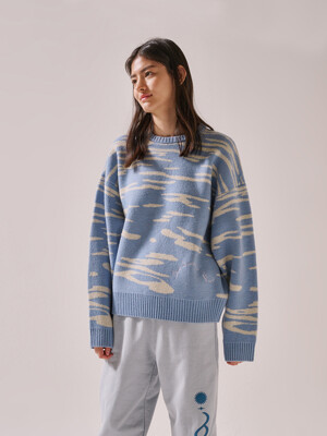 Wave Pattern Knit Pullover Sky Blue