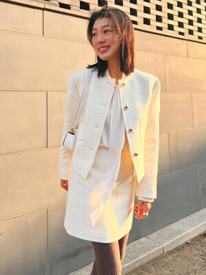 [Tweed] No-collar Stitch Tweed Jacket+Skirt SET