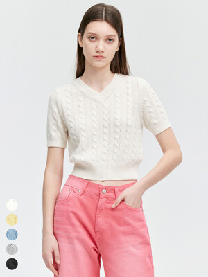 [From ITALY / 5color] 케이블 브이넥 세미크롭 반팔니트 MDKT053
