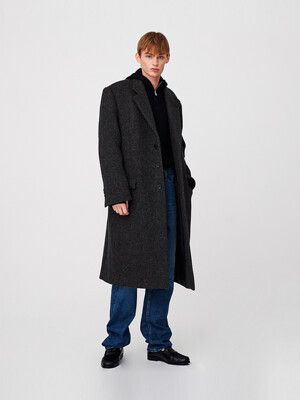 For men, 2-Way Collar Button Long Coat / Asphalt Tweed