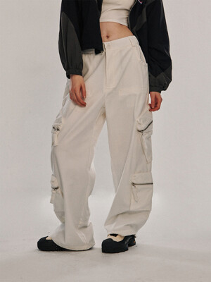 Cotton Banding Wide Double Zip Pocket Cargo Pants [Ivory]