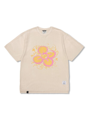 Crayon Flower Vintage-Like Washed Oversized Short Sleeves T-Shirts Beige
