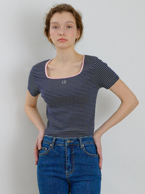 Square Neck Striped T-Shirt [PINK]