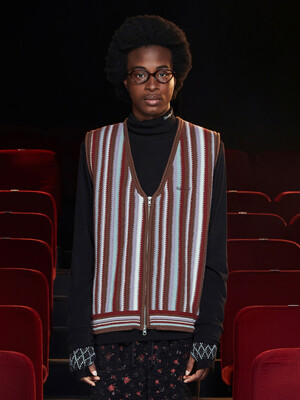STRIPE ZIP KNIT VEST / BROWN