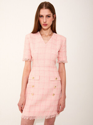 V neck Fringe tweed dress [Pink]