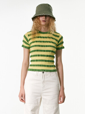 STRIPE HALF SLEEVE KNIT TOP, YELLOWISH GREEN