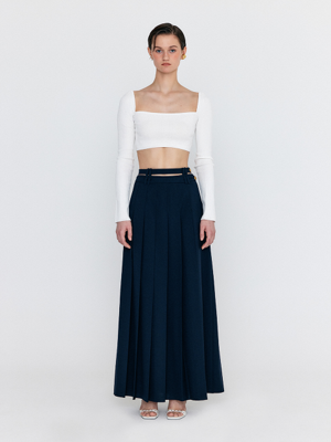 WOVEL Double-Belted Pleated Maxi Skirt - Navy