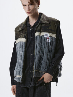 DENIM & KNIT PADDING VEST - CAMO/GRAY