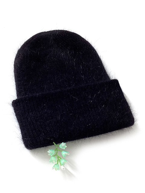 모자 - 아더월들리 (OTHER-worldly) - Drop Green Flower Beads Beanie [Angora Black]