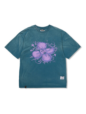 Crayon Flower Vintage-Like Washed Oversized Short Sleeves T-Shirts Blue