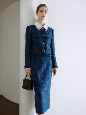 [SET]LUCID Round neck button-down tweed jacket + AUDREY H-line tweed long skirt (Deep blue)