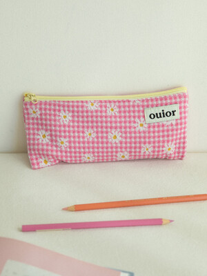 ouior flat pencil case - check flower pink (topside zipper)