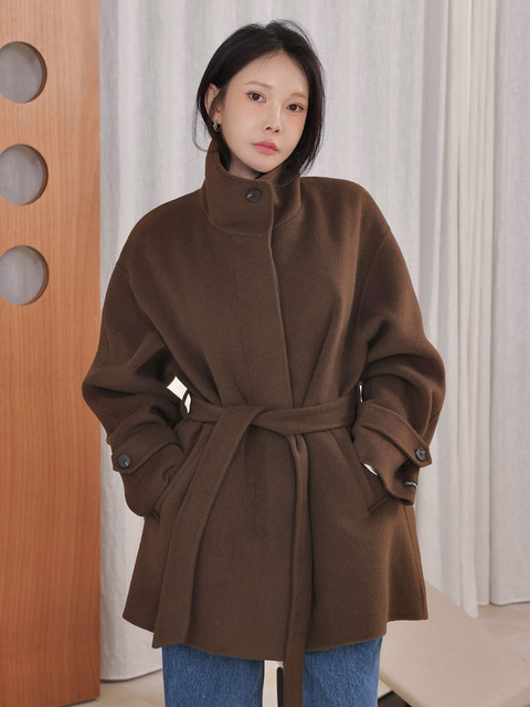 시티브리즈 핸드메이드 하이넥 벨티드 하프 코트_4COLORS