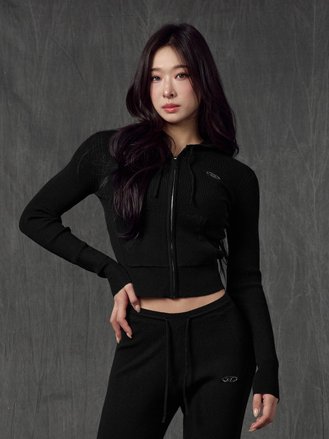 본투윈 W SYMBOL B RIBBED KNIT HOODIE ZIP-UP [BLACK]
