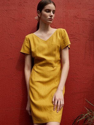 amr1275 v-neck linen dress (mustard)