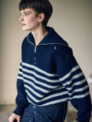 Sailor Zip-Up Stripe Knit_Navy