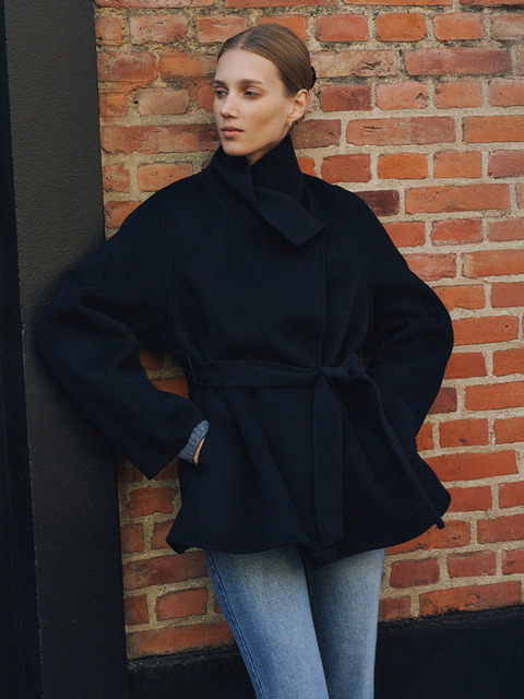 라메레이 Cashmere 10% High Neck Half Handmade Coat[LMBFWI23CT702]-Black