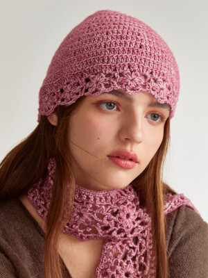 Handmade crochet knitted beanie (Melange pink)