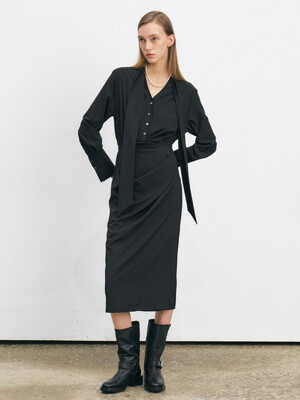 DRAPED TIE DETAIL DRESS [IVORY][BLACK]