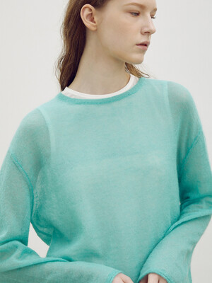 Italian sheer mohair crewneck pullover_Aqua