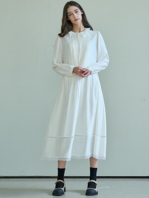 RUFFLE LACE PIN-TUCK DRESS_IVORY