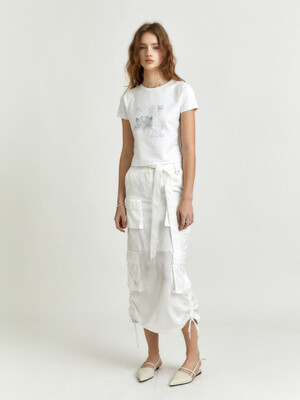 [리퍼브]LILY Side String Belted Satin Cargo Long Skirt_White