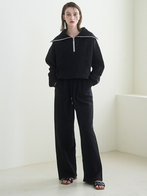 Wide Collar Zip Up T Set-up - Black