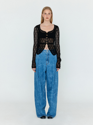 WJEAN Folded Front Wide Denim Pants - Denim Blue