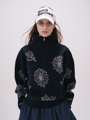 HIGH NECK KNIT ZIPUP ALL OVER FLOWERS_NAVY IVORY