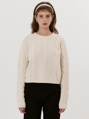 Cable boucle knit pullover_Ivory, Beige, Grey