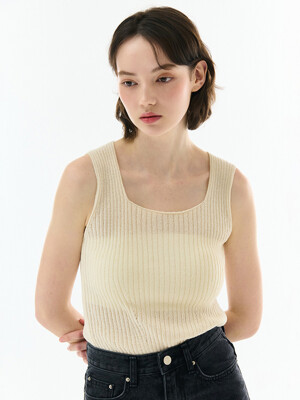 LINEN RIBBED SQUARE NECK SLEEVELESS KNIT BEIGE