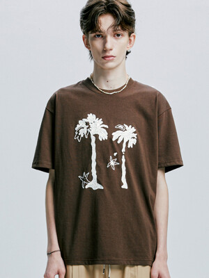 palm tree & eyelet chain needlework t-shirt brown