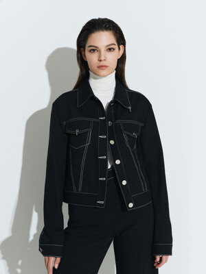 Block Cropped Denim Jacket [Black]