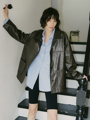O3715 Archive leather half coat_Brown