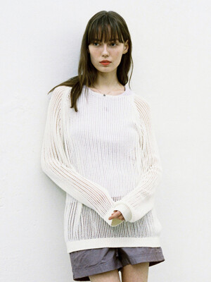 W LABEL POINT MESH LONG SLEEVE KNIT ivory