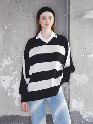 Striped Knit Rugby Top UNISEX Black Cream