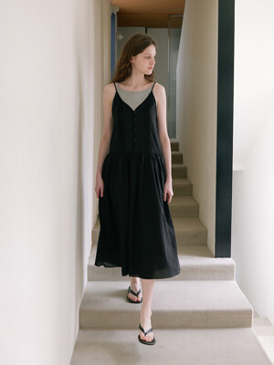 Button Sleeveless Long Dress - Black