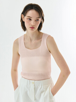 LINEN RIBBED SQUARE NECK SLEEVELESS KNIT PINK