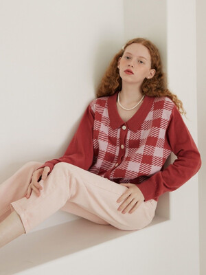 WOOL CHECK COLLAR CARDIGAN - PINK