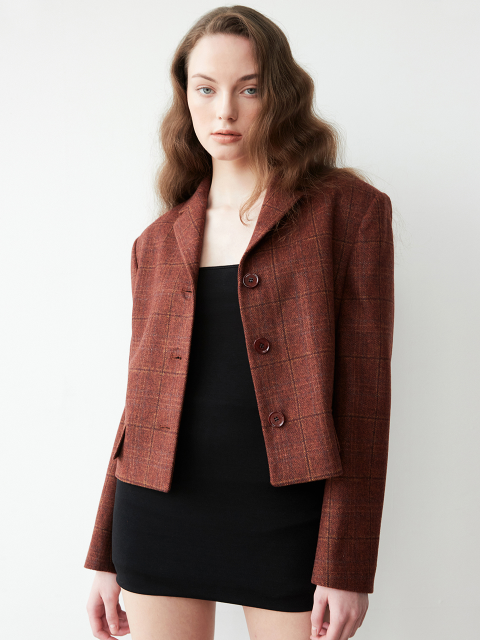 무디디]One button short check jacket 003 Black