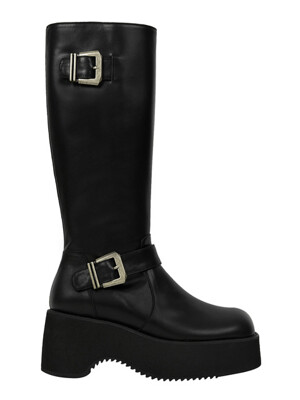 SQUARE TOE T-BAR PLATFORM BOOTS / BLACK