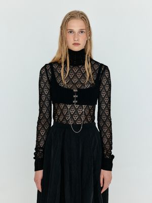 WIOM Diamond-Lace Turtleneck Knit Pullover - Black
